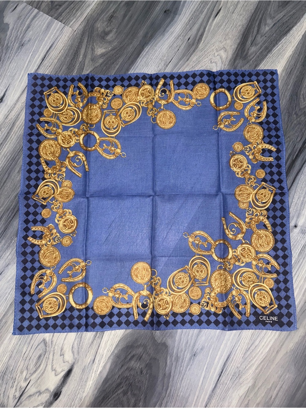Vintage Celine Blue Cotton Handkerchief with Gold Medallion Design - Picture 3 of 11
